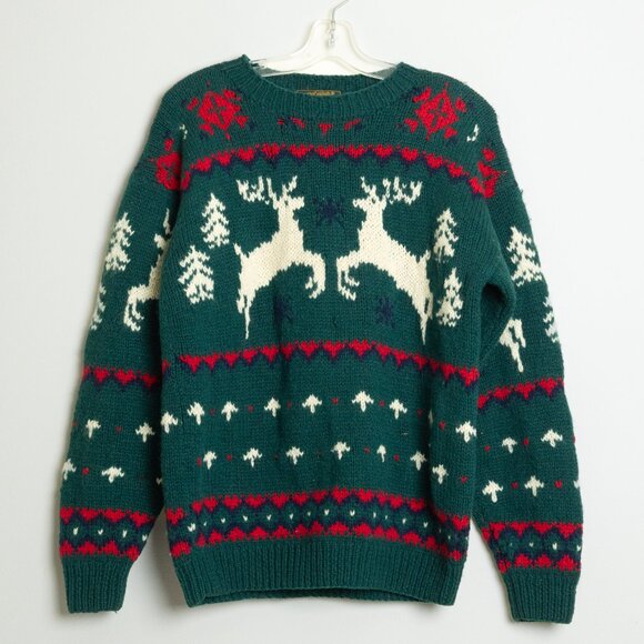 Eddie Bauer Reindeer Wool Sweater Green Nordic Christmas Vintage - Picture 2 of 12